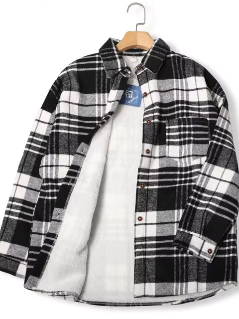 Women's Winter Plaid Woolen Shirt Jacket – Warm & Stylish Casual Coat