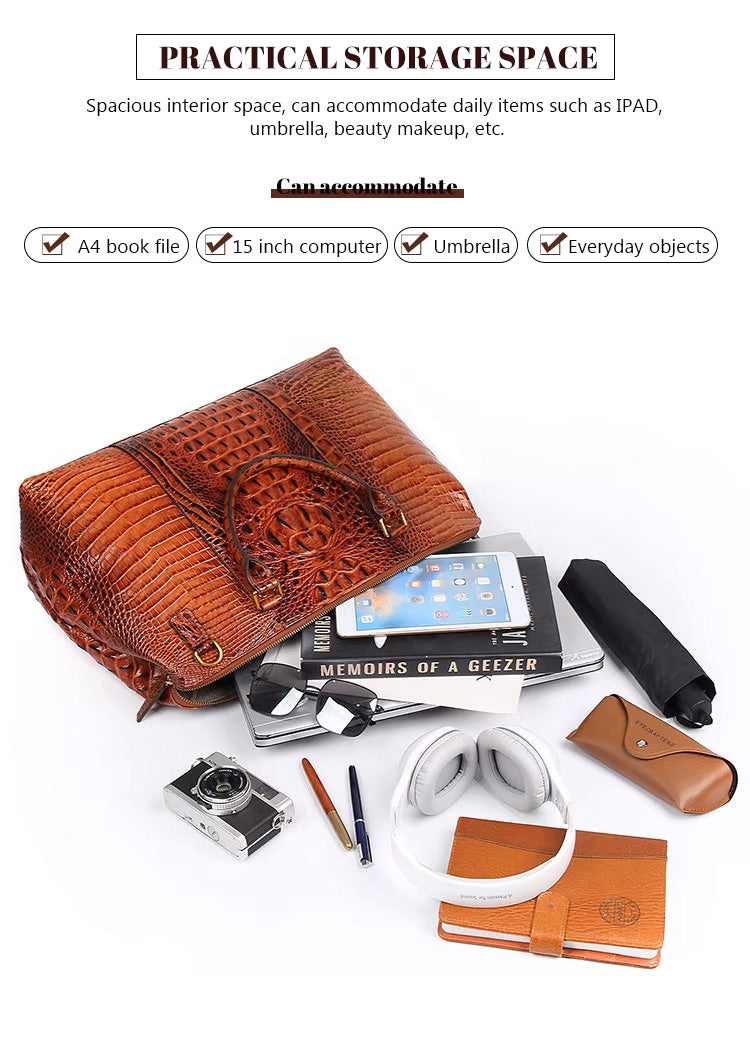 Genuine Leather Men's Alligator Stripe Travel Bag – Large Capacity Overnight & Weekend Hand Luggage