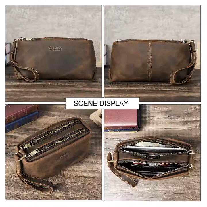 Contact's Vintage Crazy Horse Leather Men's Clutch & Wristlet – Double Zipper, Detachable Strap