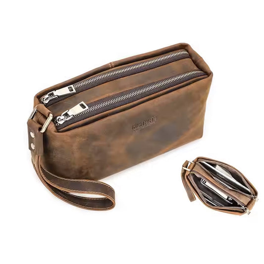 Contact's Vintage Crazy Horse Leather Men's Clutch & Wristlet – Double Zipper, Detachable Strap