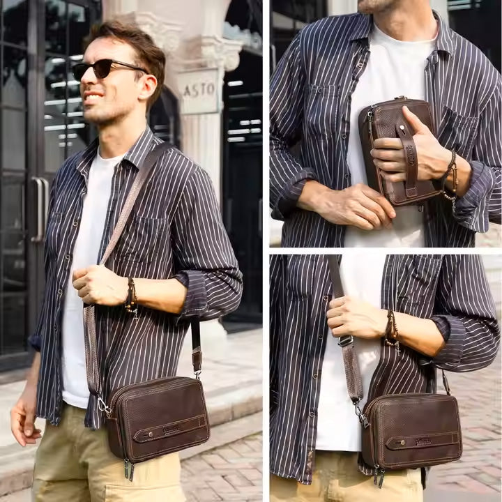 Vintage Full Grain Leather Convertible Men's Crossbody & Shoulder Bag – Small Clutch with Card Slot