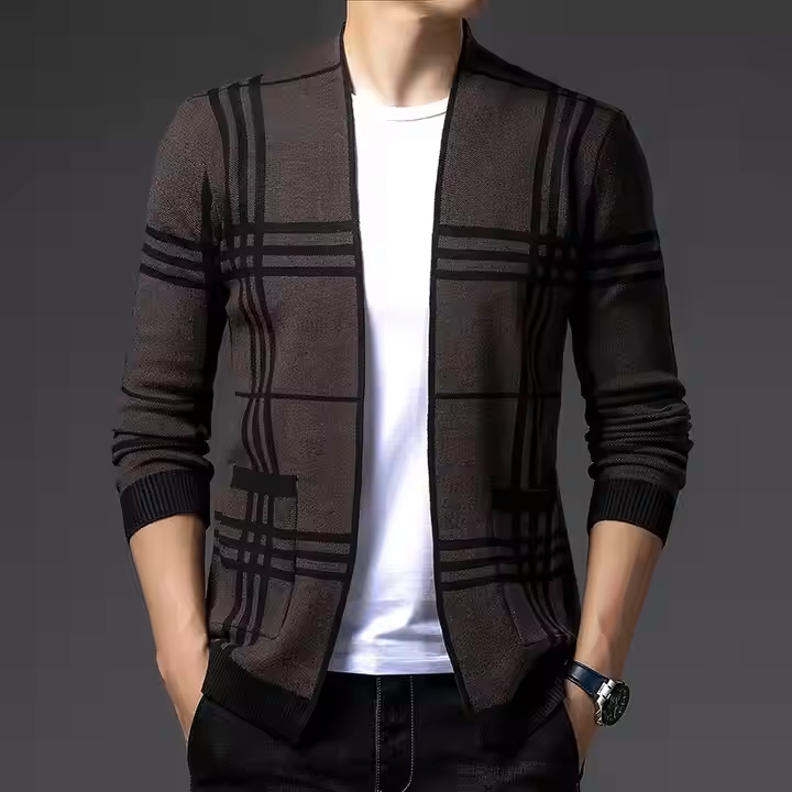 Men's Custom Knitted Cardigan Sweater - Slim Fit V-Neck Winter Office Wear