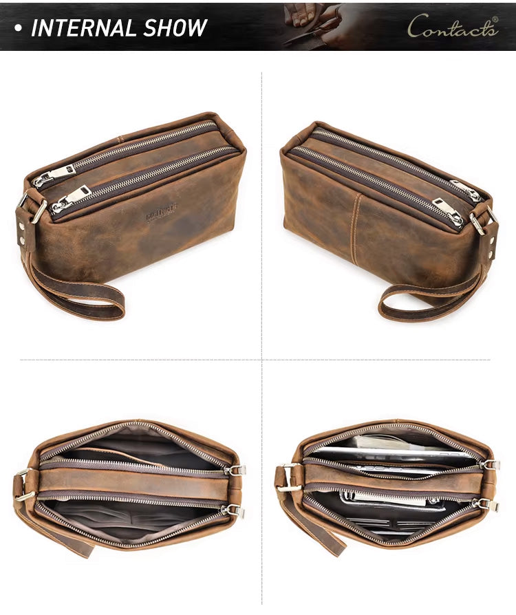 Contact's Vintage Crazy Horse Leather Men's Clutch & Wristlet – Double Zipper, Detachable Strap